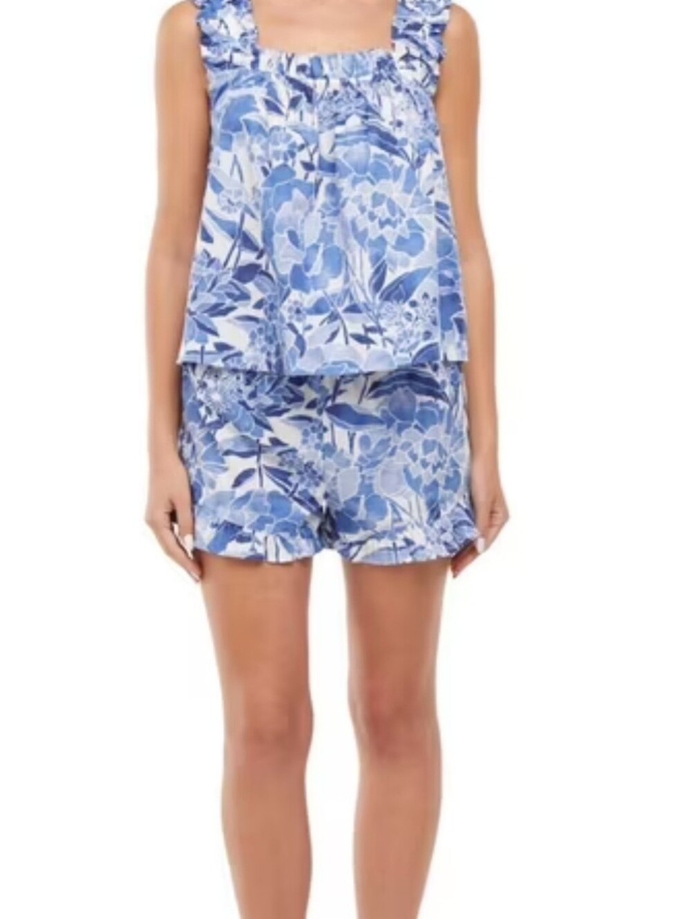 Blue Floral Ruffle-Trim Women’s Shorts And Top